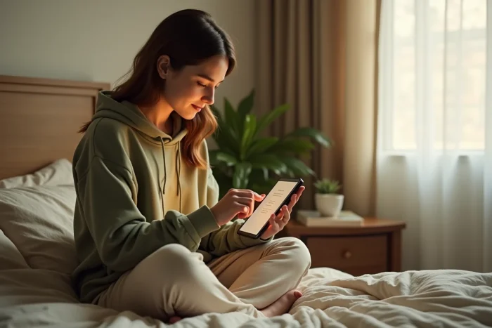 Jeune femme utilisant une tablette pour accéder légalement à des contenus numériques depuis sa chambre