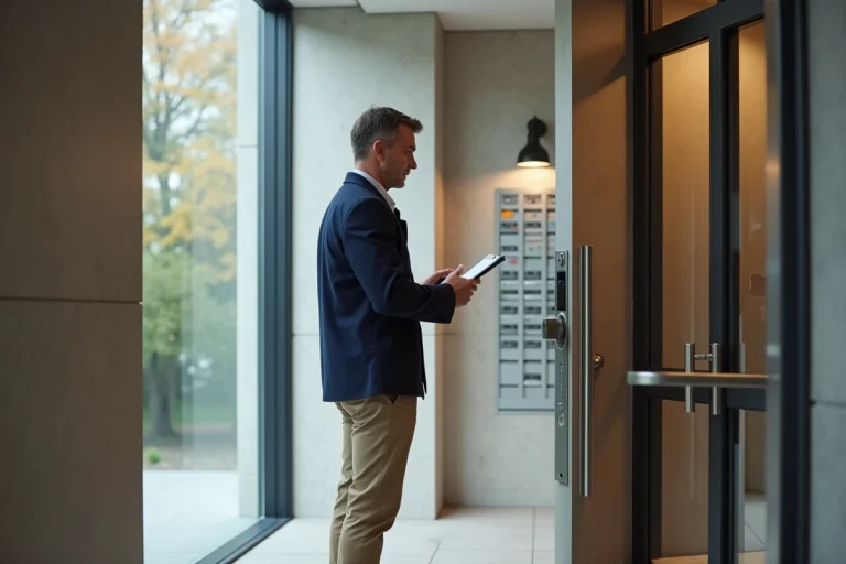 Agent immobilier vérifiant une porte d'entrée moderne