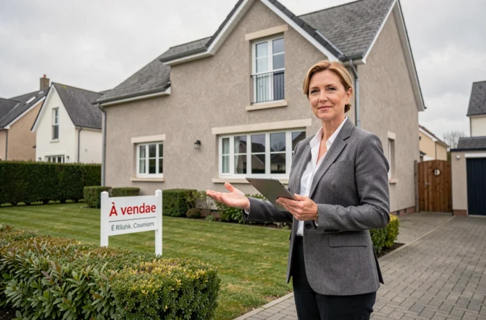 Agent immobilière présentant une maison à vendre dans un quartier résidentiel pavillonnaire