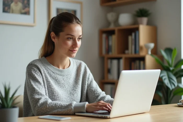 Femme utilisant un service de streaming légal sur son ordinateur portable dans un bureau à domicile moderne