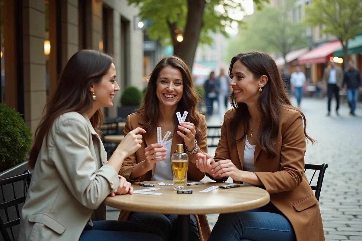 Trois amis discutent et échangent des échantillons de parfum en extérieur