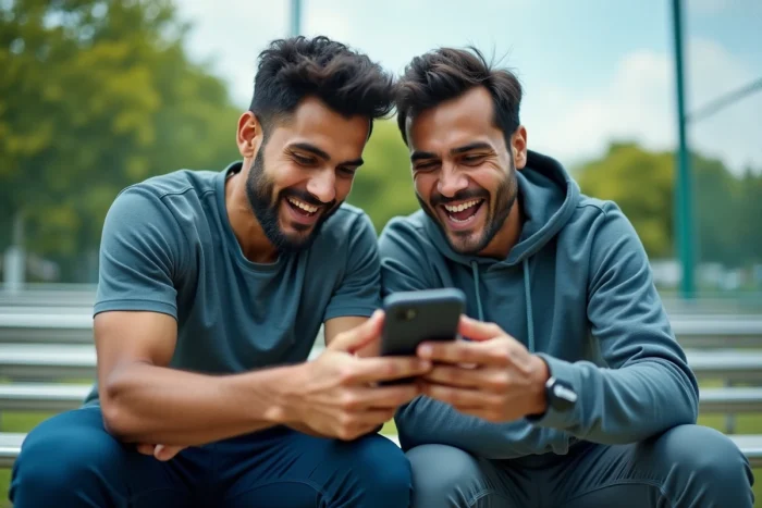 Deux amis regardant ensemble un match de cricket en streaming sur un smartphone en plein air