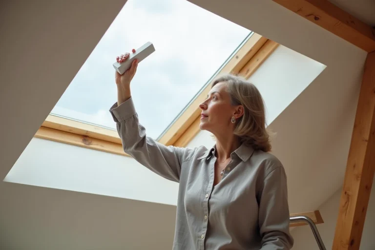 Femme appairant une télécommande Velux à une fenêtre de toit dans un grenier rénové