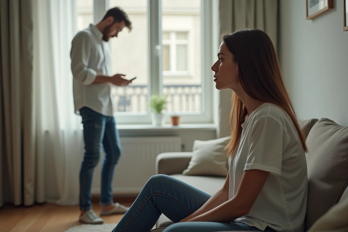 Femme assise sur un canapé observant un homme au téléphone