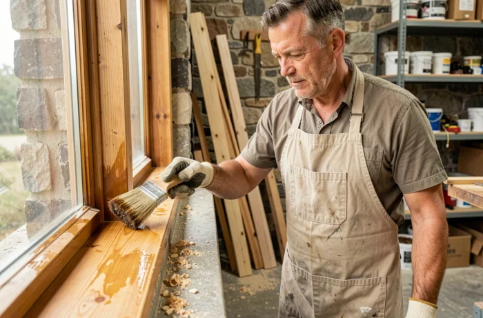 Artisan appliquant une lasure polyuréthane sur un cadre de fenêtre en bois dans un atelier de menuiserie