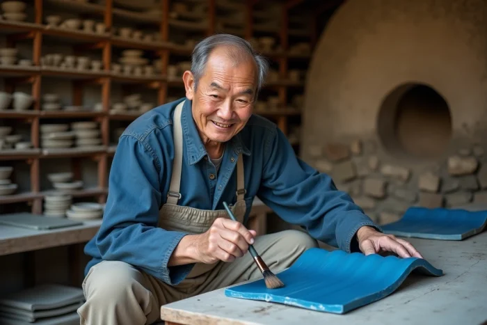 Artisan chinois âgé appliquant un émail bleu cobalt sur une tuile de toit traditionnelle dans un atelier de céramique en Chine rurale