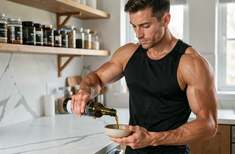 Athlète masculin versant de l'huile d'olive dans un bol en céramique dans une cuisine moderne pour optimiser sa nutrition sportive et sa croissance musculaire