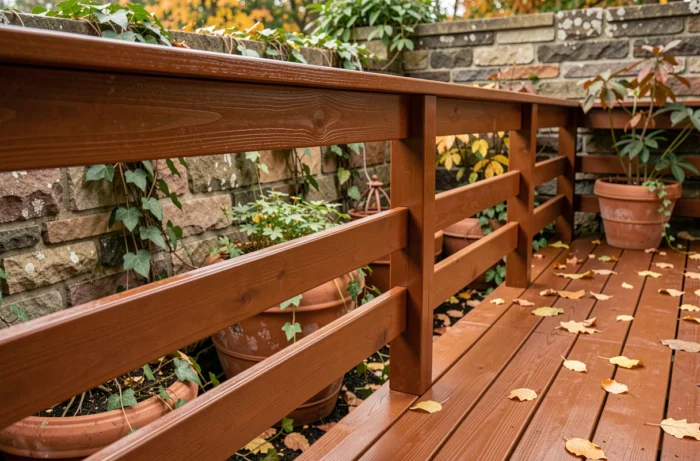 Balustrade en bois extérieure protégée par une lasure polyuréthane teinte châtaigne dans un jardin d'automne