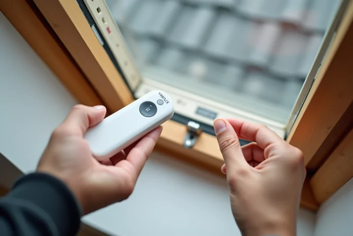 Gros plan sur les mains appuyant sur le bouton d'appairage du moteur d'une fenêtre Velux