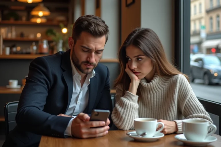 Homme regardant son téléphone dans un café urbain