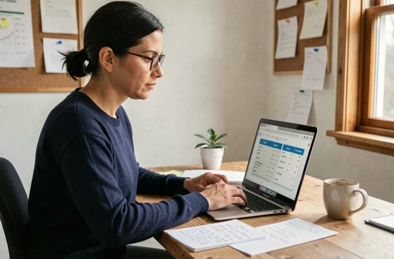 Femme comparant des offres d'hébergement web sur son ordinateur portable dans un bureau à domicile
