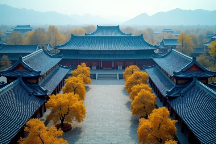 Vue aérienne grand angle d'un complexe de cours impériales chinoises aux toits en tuiles bleues vernissées entourés d'arbres ginkgo dorés en automne