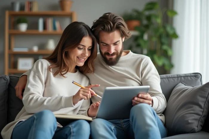 Couple comparant des solutions de crédit en ligne sur une tablette dans leur salon moderne