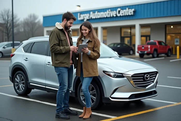 Couple consultant une demande de carte grise en ligne sur tablette devant leur voiture dans un parking de centre automobile
