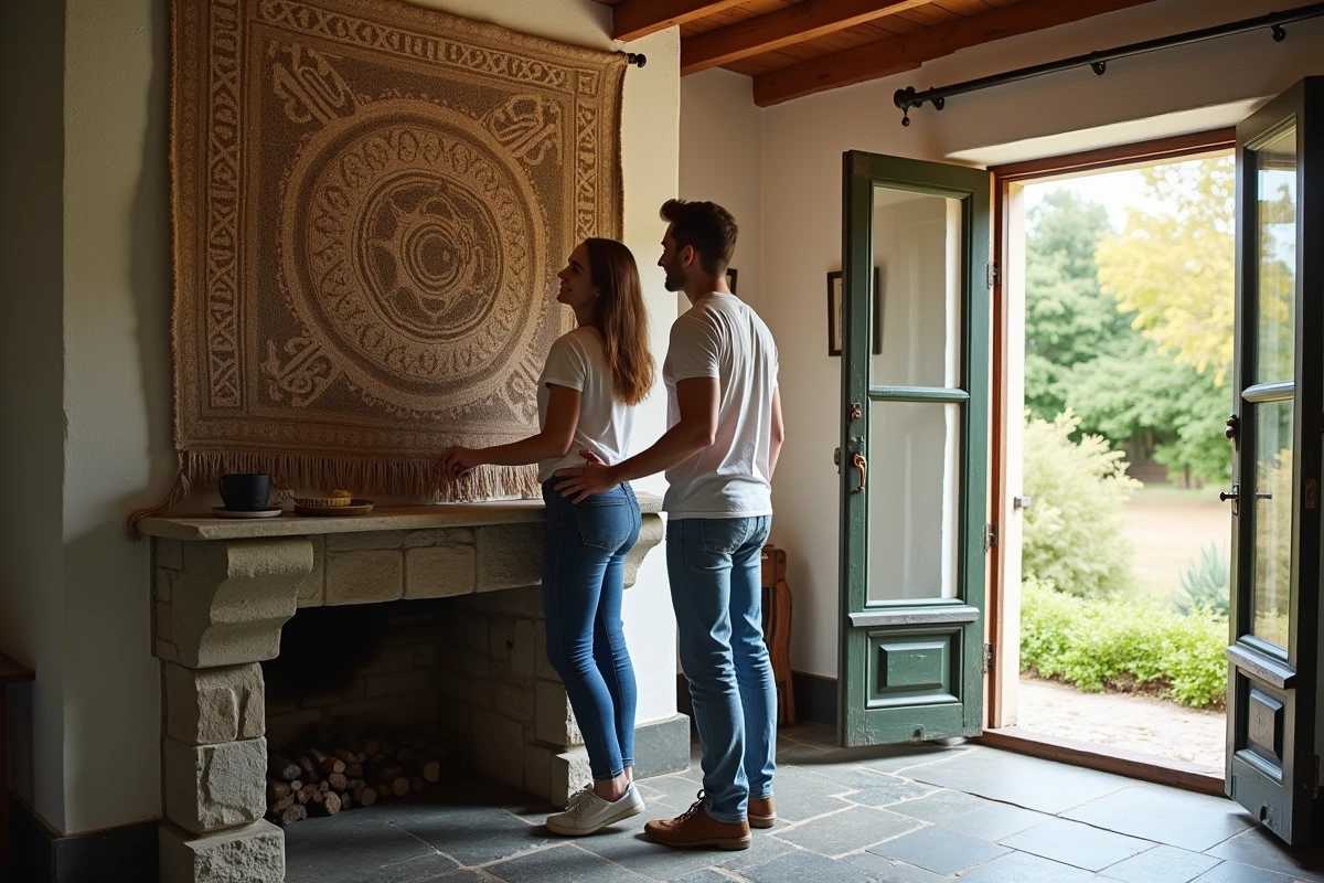 Jeune couple accrochant un tapis breton au mur