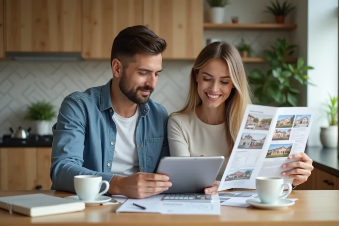 Couple étudiant des annonces immobilières et un calculateur de prêt dans leur appartement moderne pour planifier un investissement