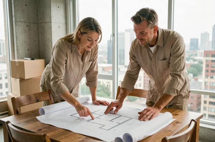 Couple examinant des plans architecturaux pour leur projet immobilier dans un appartement moderne