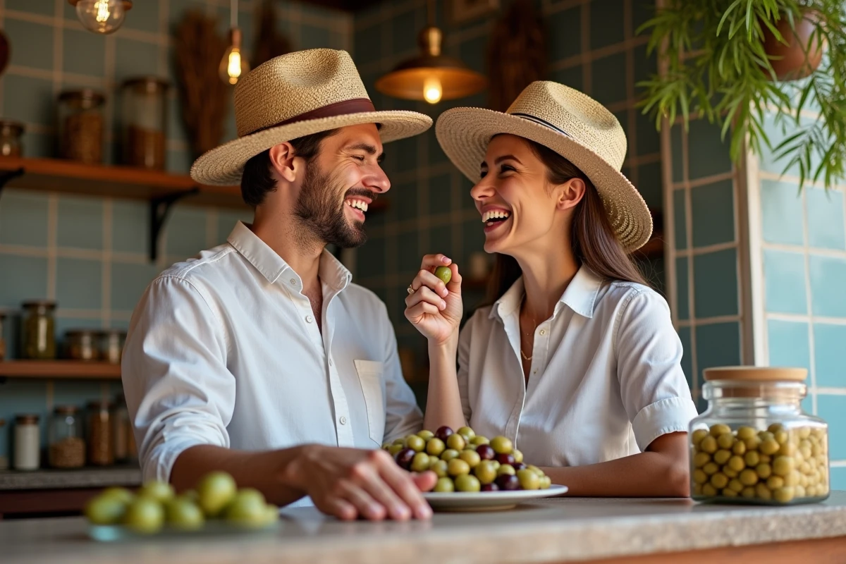 Jeune couple dégustant des olives au marché de Bordighera