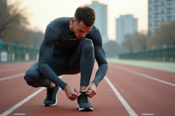 Coureur en tenue Adivak sur une piste urbaine avec équipement de running 2026