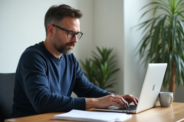 Homme effectuant une demande de carte grise en ligne sur un ordinateur portable depuis son bureau à domicile
