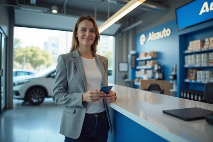 Femme consultant un formulaire de carte grise en ligne sur smartphone dans un centre automobile Norauto