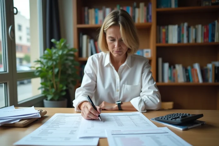Femme étudiant des formulaires de demande de visa et des frais de dossier à un bureau