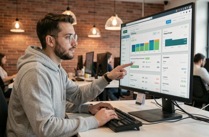 Développeur analysant un tableau de bord d'hébergement web avec métriques de performance dans un espace de coworking