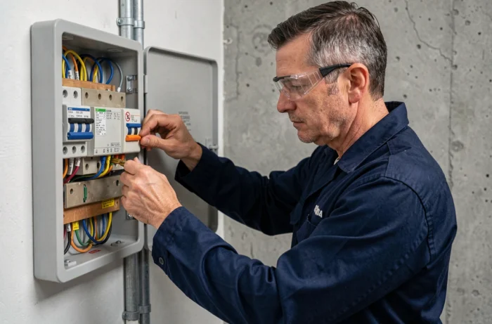 Électricien connectant des câbles sur un tableau électrique avec disjoncteur 10A pour volets roulants