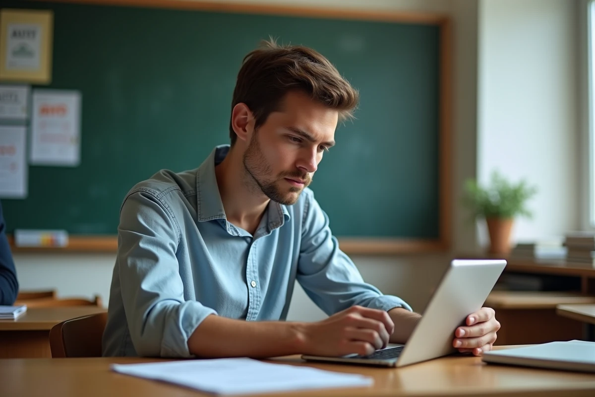 Jeune enseignant utilisant une tablette en classe