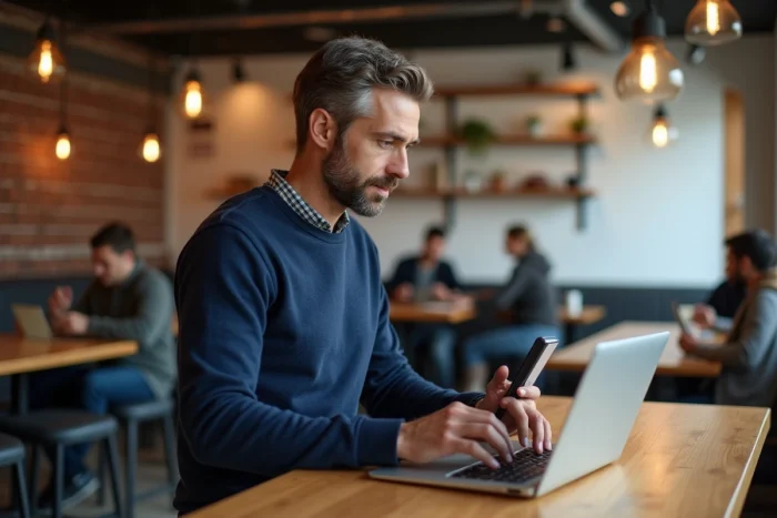 Entrepreneur en télétravail dans un café co-working moderne, multitâche sur ordinateur et smartphone