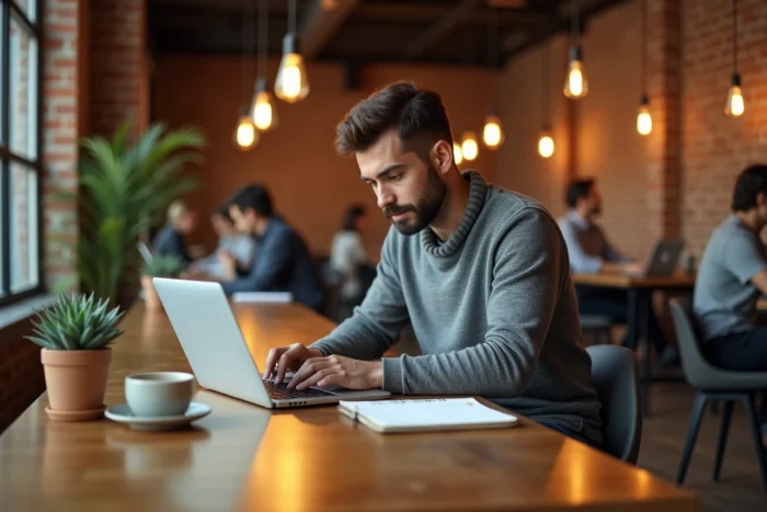 Entrepreneur travaillant sur son activité en ligne dans un espace de coworking chaleureux