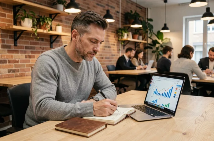 Entrepreneur concentré prenant des notes dans un carnet en cuir dans un espace de coworking moderne avec ordinateur affichant des analyses commerciales