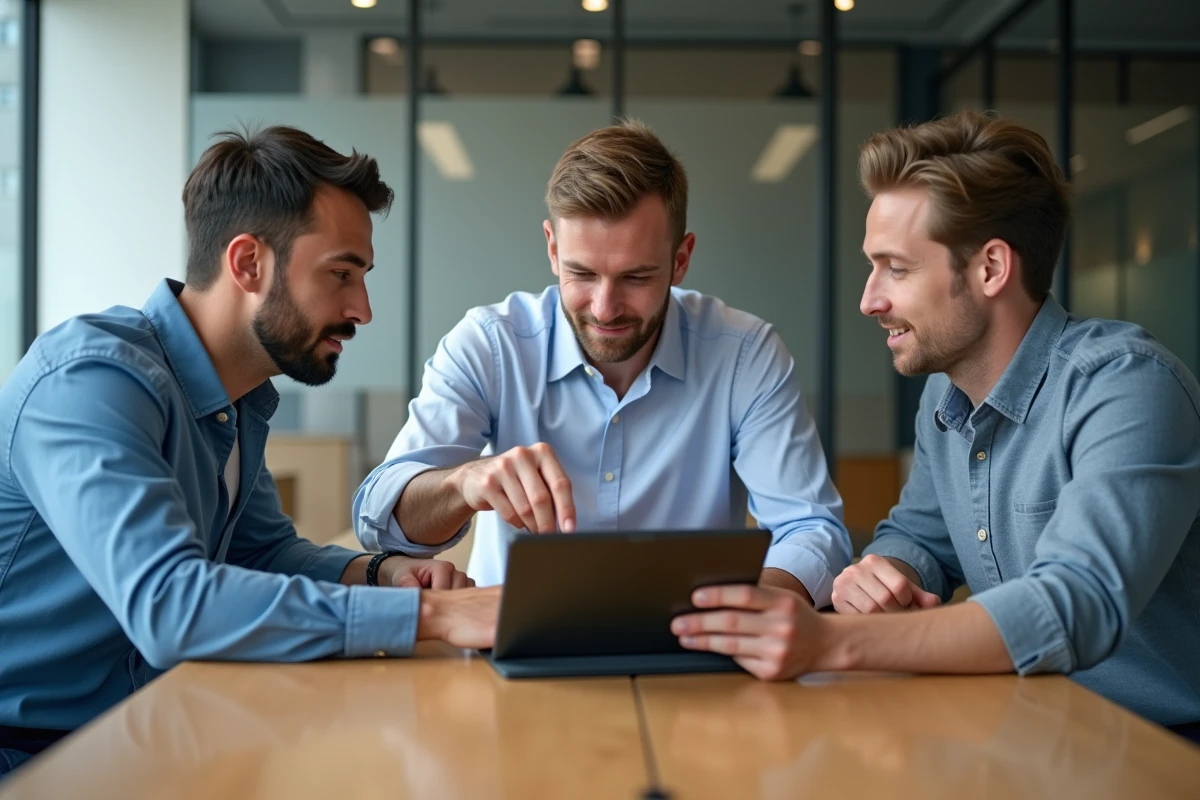 Groupe de trois développeurs discutant autour d