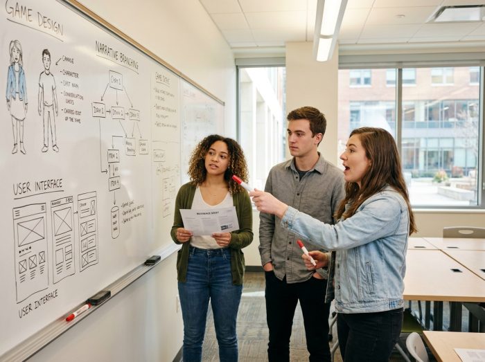Équipe d'étudiants en game design présentant leur document de conception sur un tableau blanc dans une salle de cours universitaire