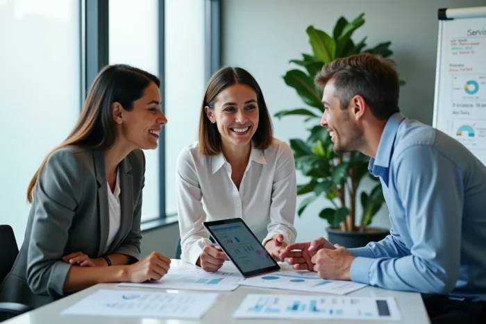 Équipe professionnelle analysant les services essentiels pour optimiser la gestion d'une entreprise en ligne