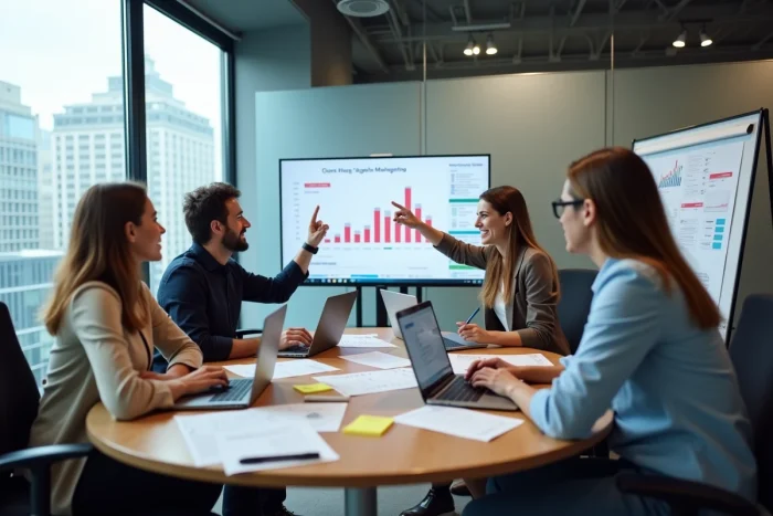 Équipe diverse réunie autour d'une table de réunion pour élaborer une stratégie de business en ligne
