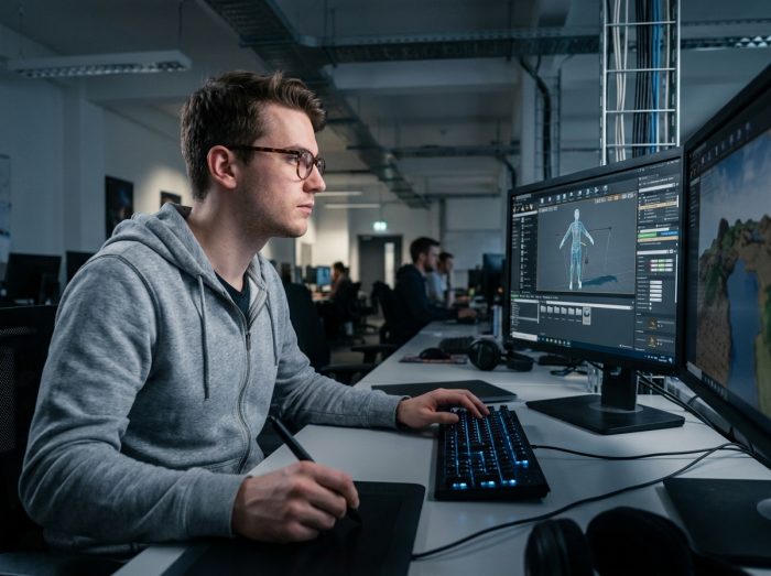 Étudiant en développement de jeux vidéo concentré sur un logiciel de game engine dans un laboratoire informatique universitaire