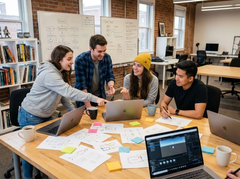 Groupe d'étudiants en game design collaborant autour d'une table de travail couverte de croquis et d'ordinateurs portables dans un studio universitaire