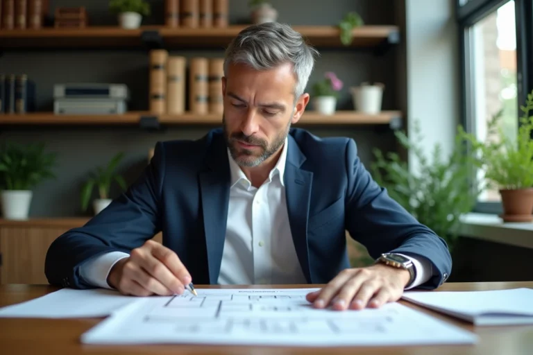 Expert immobilier étudiant plans dans un bureau moderne