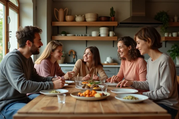 Famille multigénérationnelle réunie autour d'un repas fait maison dans une cuisine chaleureuse et authentique