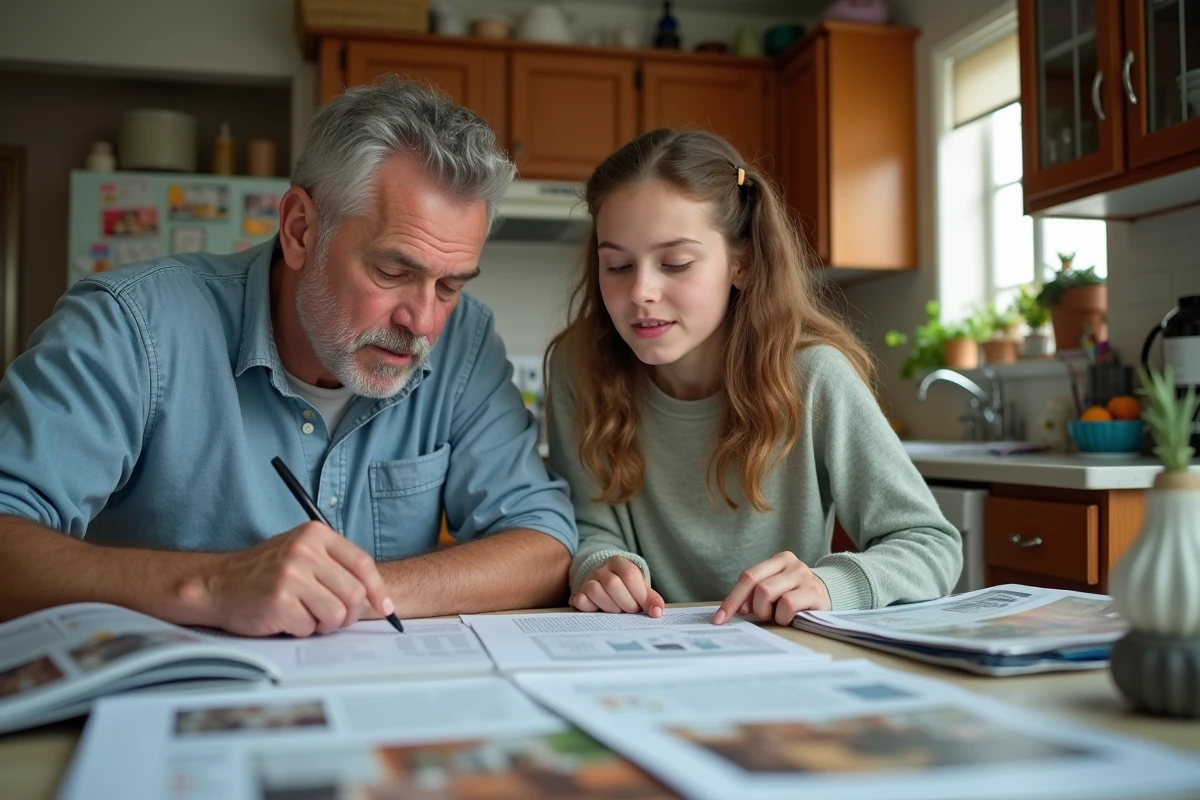 Pere et fille examinent des documents financiers dans une cuisine conviviale