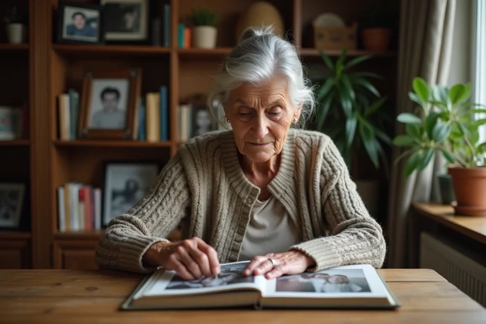Femme âgée feuilletant un album photo nostalgique