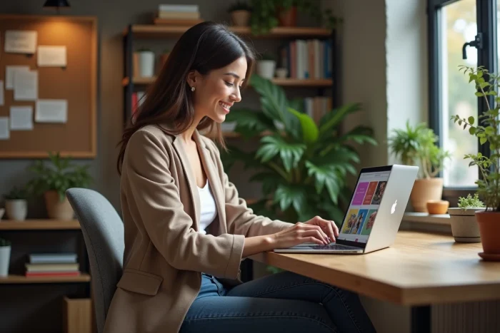 Femme souriante travaillant sur un blog sur son ordinateur portable