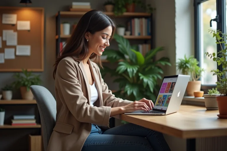 Femme souriante travaillant sur un blog sur son ordinateur portable