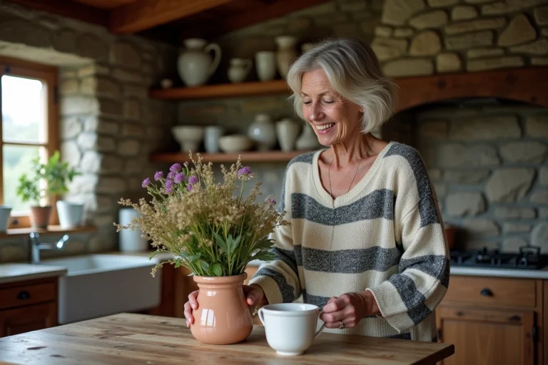 Femme bretonne arrangeant des fleurs dans un vase en céramique