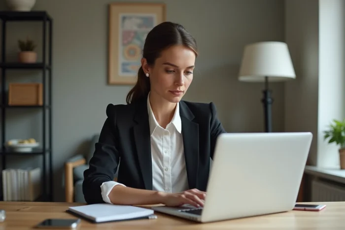 Femme en bureau moderne travaillant sur son ordinateur