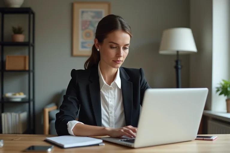 Femme en bureau moderne travaillant sur son ordinateur