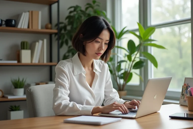 Femme concentrée travaillant sur un ordinateur dans un bureau moderne