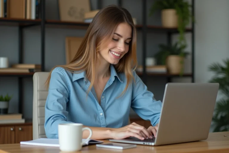 Jeune femme au bureau avec ordinateur portable et sourire naturel