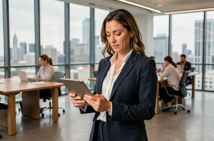 Femme cadre professionnelle en blazer marine consultant une tablette dans un bureau moderne avec vue sur la ville, tendances business